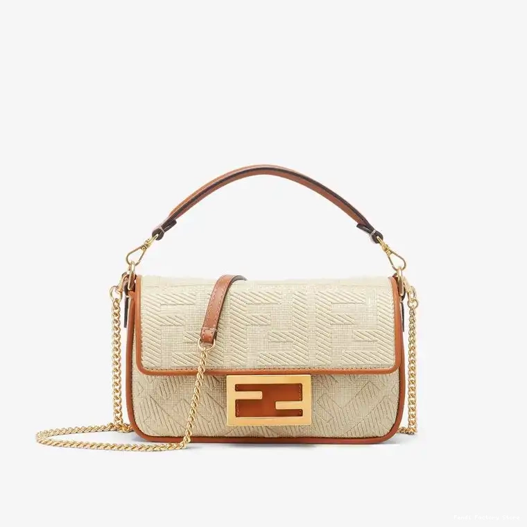 Fendi Bag In FF Motif Baguette Beige Straw Mini 0505